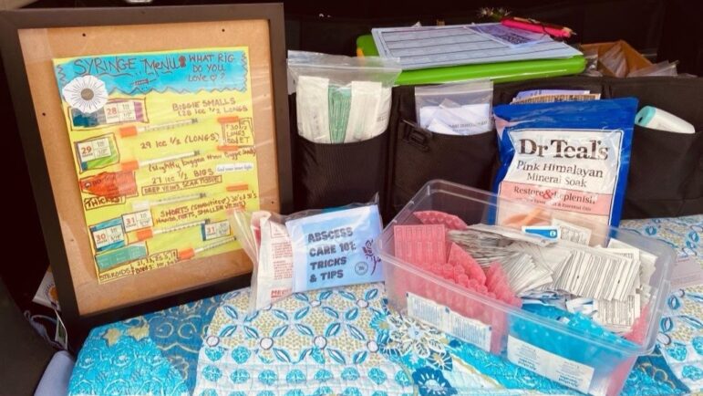 A table filled with medical supplies.