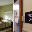 A composite image showing a photo inside a residential care facility room and a photo taken outside a probate office.