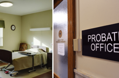 A composite image showing a photo inside a residential care facility room and a photo taken outside a probate office.