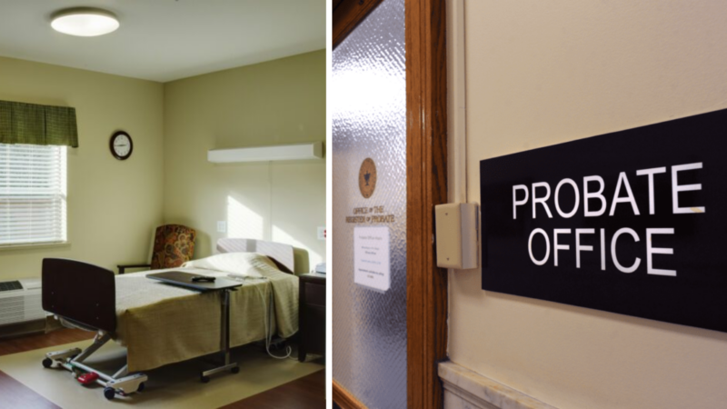 A composite image showing a photo inside a residential care facility room and a photo taken outside a probate office.