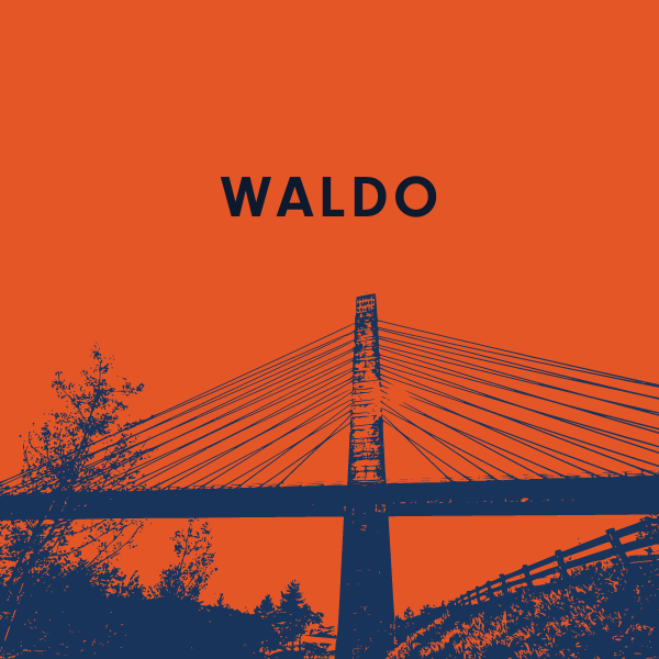 This box takes readers to the Waldo County page and features an illustration of the Penobscot bridge.