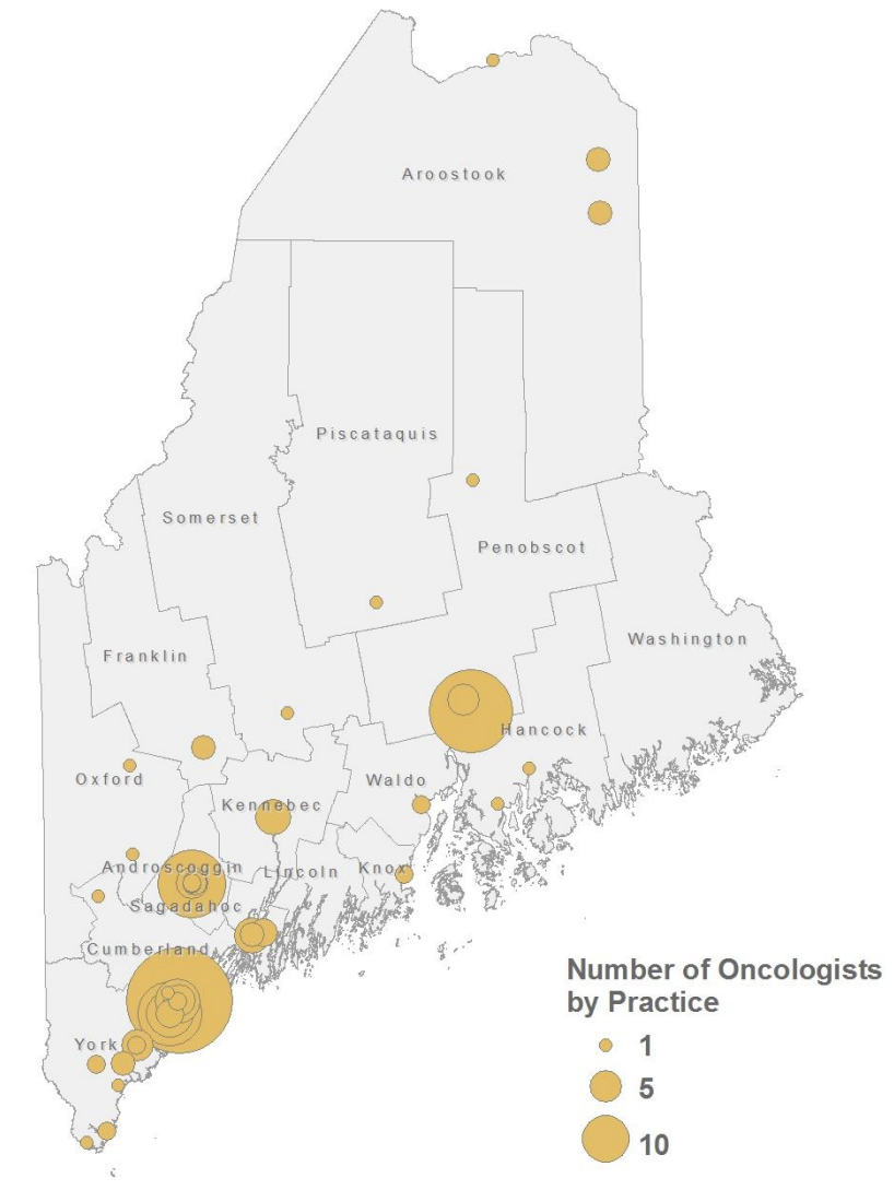 A map showing the location and number of cancer treatment sites around Maine.