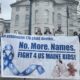 People attending a rally hold a large banner that reads "An estimated 178 child deaths. No more names. Fight for us Maine kids."