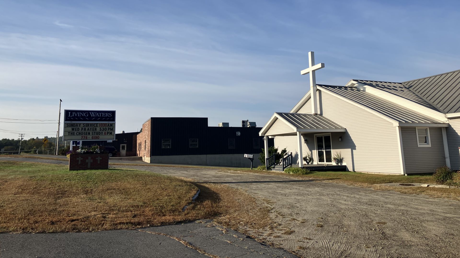 The exterior of the Living Waters church.