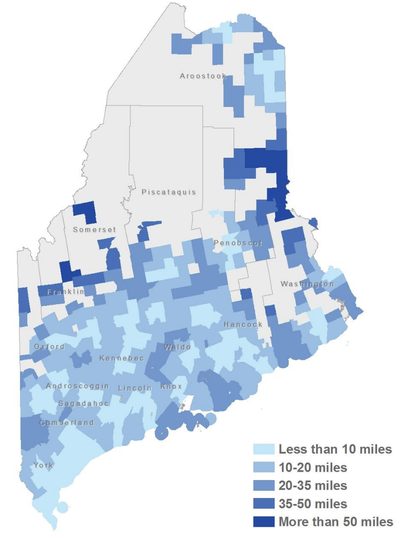 A map of the minimum distance Mainers must travel for chemotherapy centers in Maine.