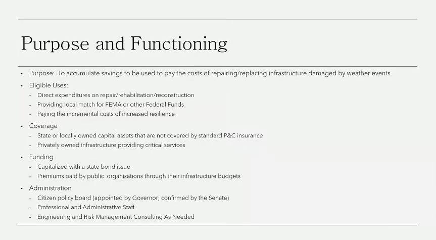 A presentation slide outlines the purpose and function of the program. The purpose would be to accumulate savings to be used to pay the costs of repairing slash replacing infrastructure damaged by weather events. 