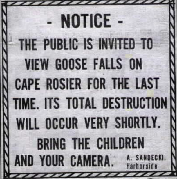 A newspaper notice inviting the public to view Goose Falls on Cape Rosier for the final time before total destruction.