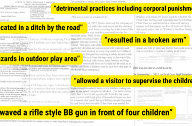 Excerpted portions from different inspection reports. detrimental practices including corporal punishment. located in a ditch by the road. resulted in a broken arm. hazards in outdoor play area. allowed a visitor to supervise the children. waved a rifle style BB gun in front of four children.