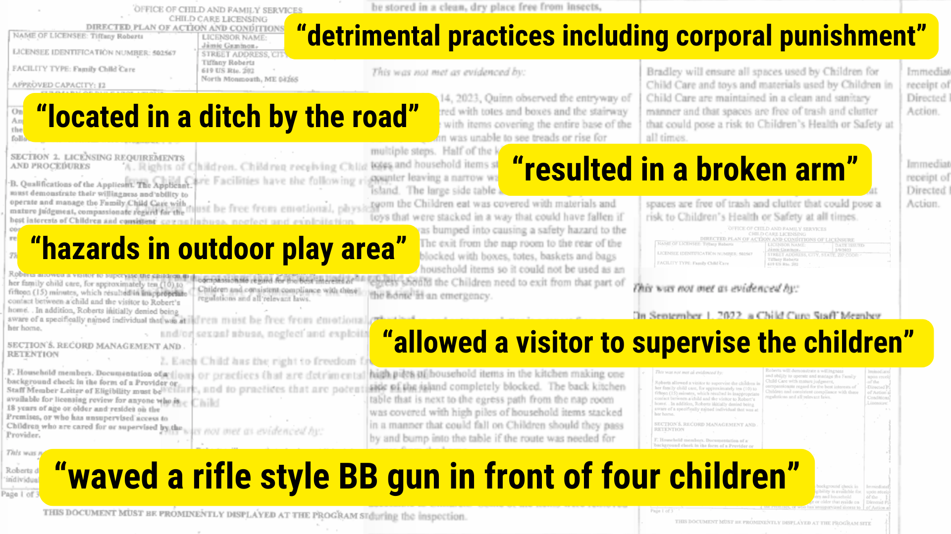 Excerpted portions from different inspection reports. detrimental practices including corporal punishment. located in a ditch by the road. resulted in a broken arm. hazards in outdoor play area. allowed a visitor to supervise the children. waved a rifle style BB gun in front of four children.