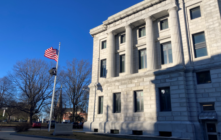 Exterior of Cumberland County Courthouse in shadows.