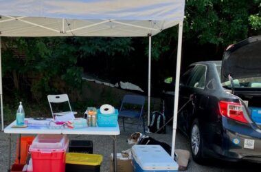 a table of mobile syringe services supplies.