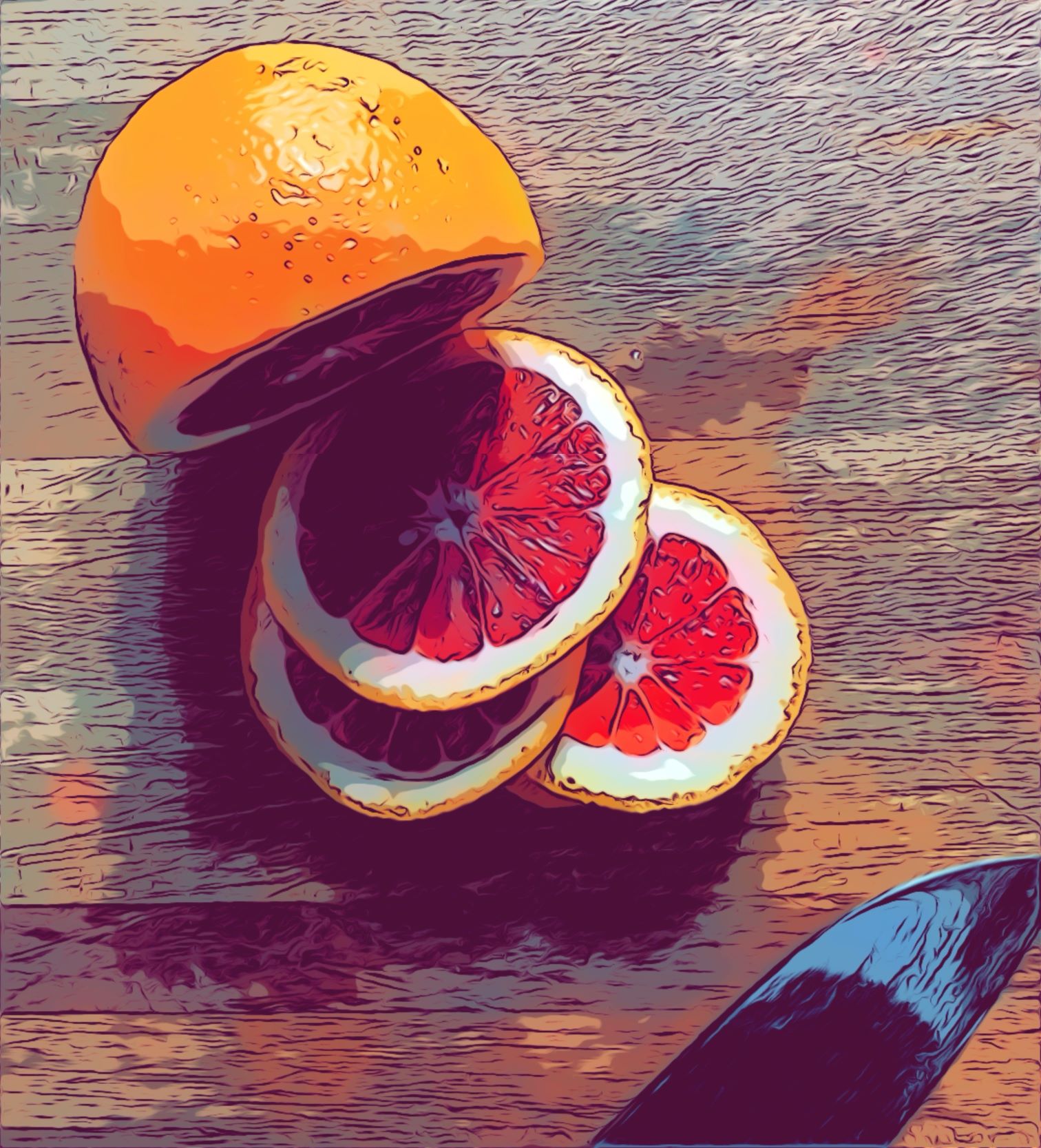 A filtered image of a sliced orange. 