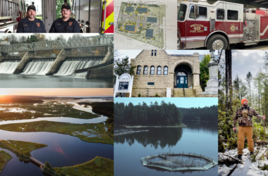 a collage of photos representing fire departments, the callahan mine, a saltwater marsh, a library, housing development and a library.