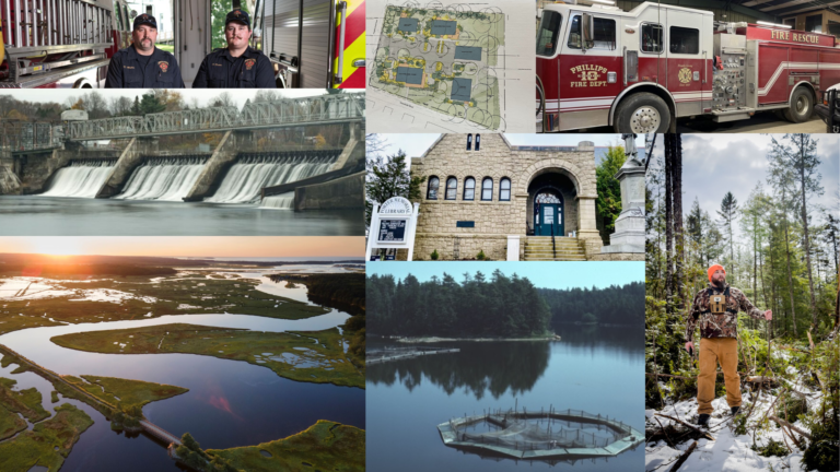 a collage of photos representing fire departments, the callahan mine, a saltwater marsh, a library, housing development and a library.