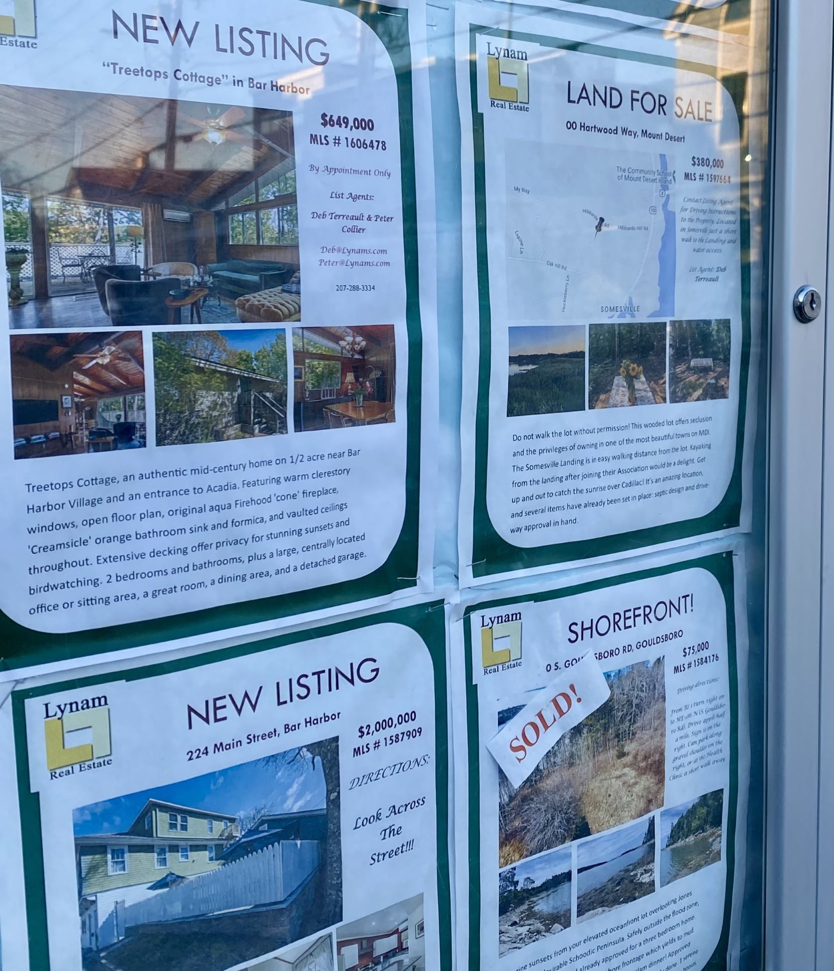 flyers in a window show available real estate properties for sale.