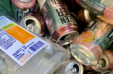 bottles and cans ready for recycling.