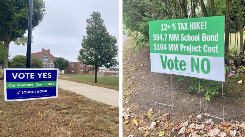 composite of two photos showing school construction campaign signs.