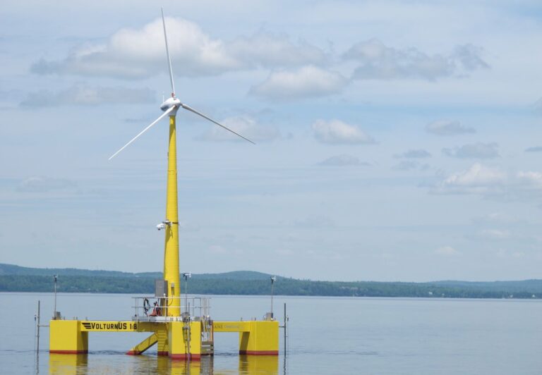 a model-scale wind turbine seen in maine.