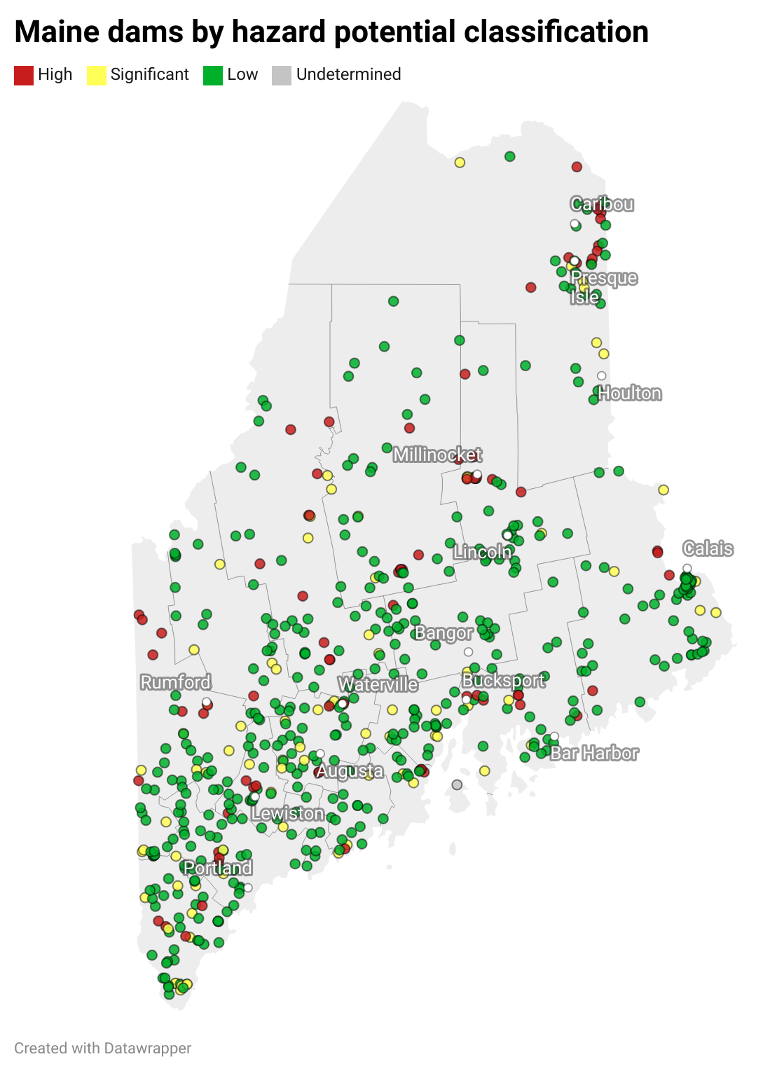 a map showing Maine dams sorted by hazard potential classification.