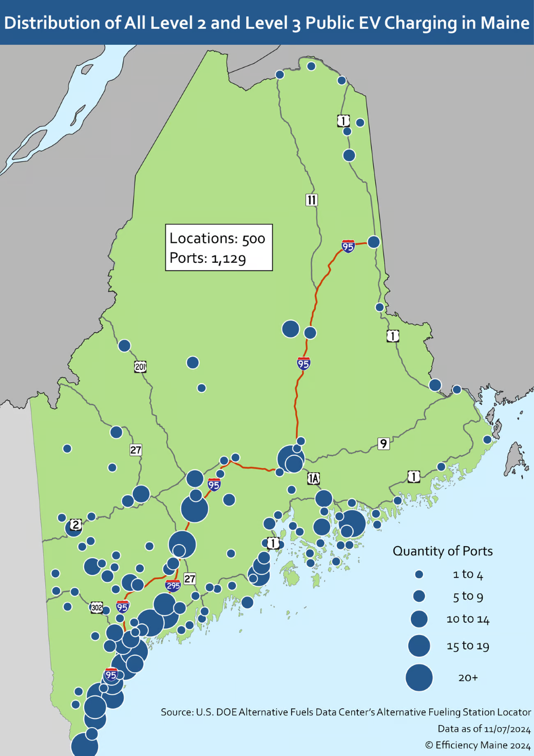a map of EV charging ports in Maine.