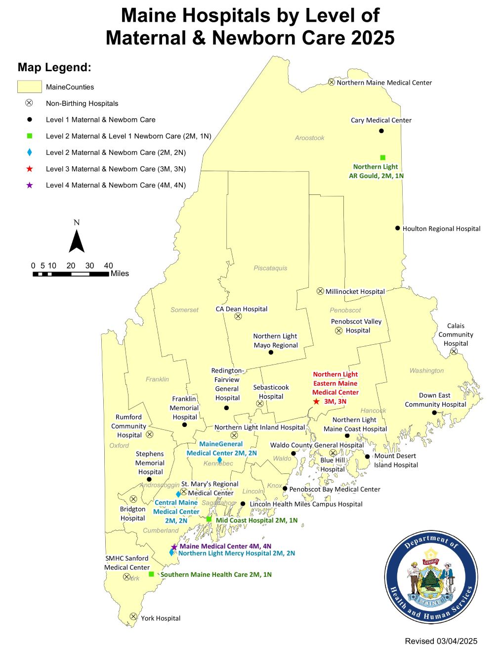 a map of birthing hospitals in maine in 2023.