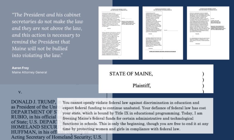a composite image of excerpts from various lawsuits filed against the Trump Administration involving Maine.