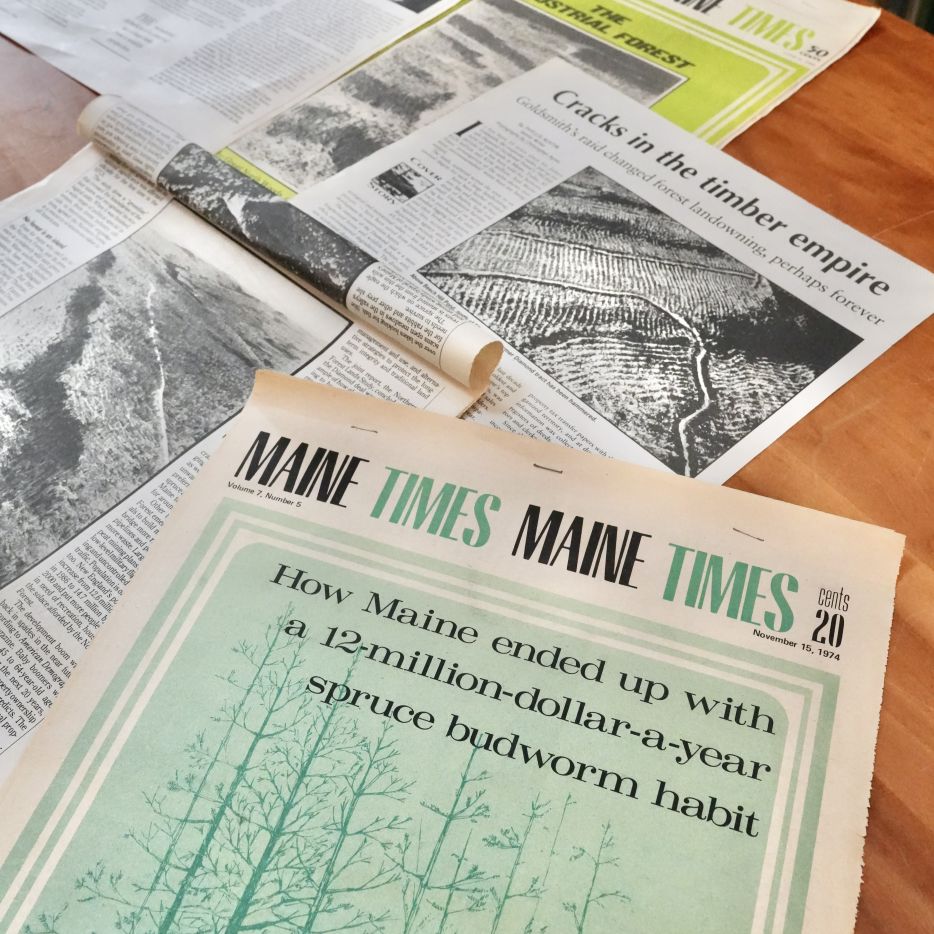 the cover of an old edition of The Maine Times reads: How Maine ended up with a 12 million dollar per year spruce budworm habit.
