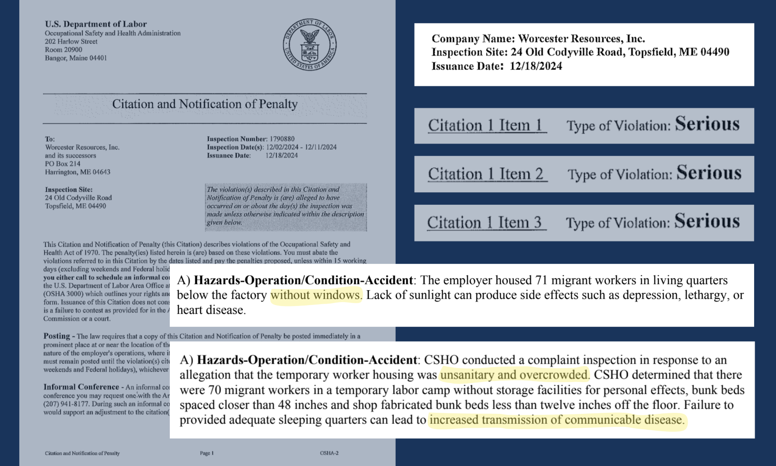 composite graphic showing excerpts of an OSHA report.