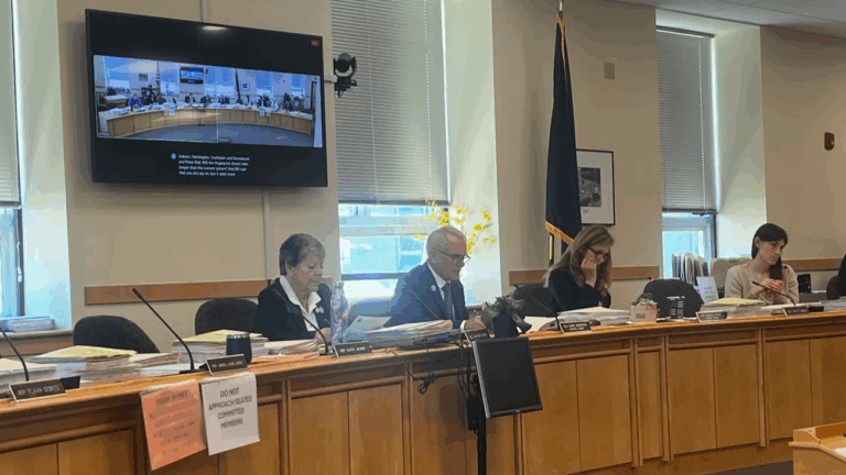 members of the health and human services committee sit at a desk.