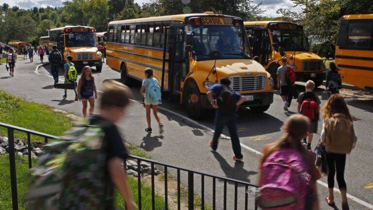students walking towards several yellow school buses.