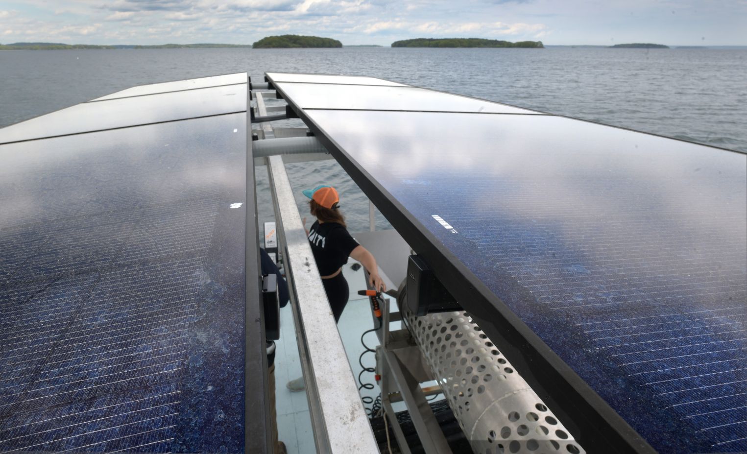 solar panels above an oyster barge.