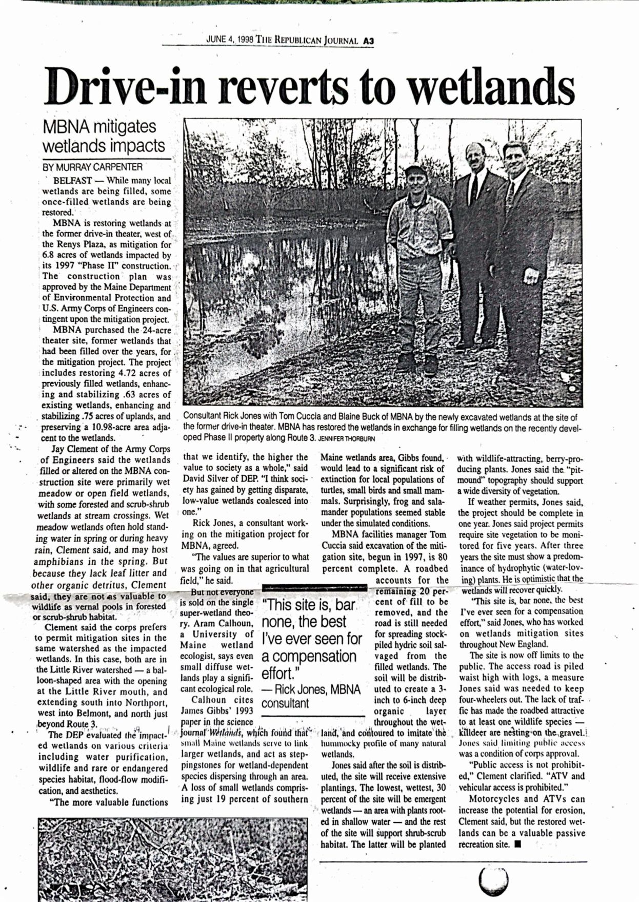 a newspaper clipping of a Republican Journal story on a drive-in reverting to wetlands.