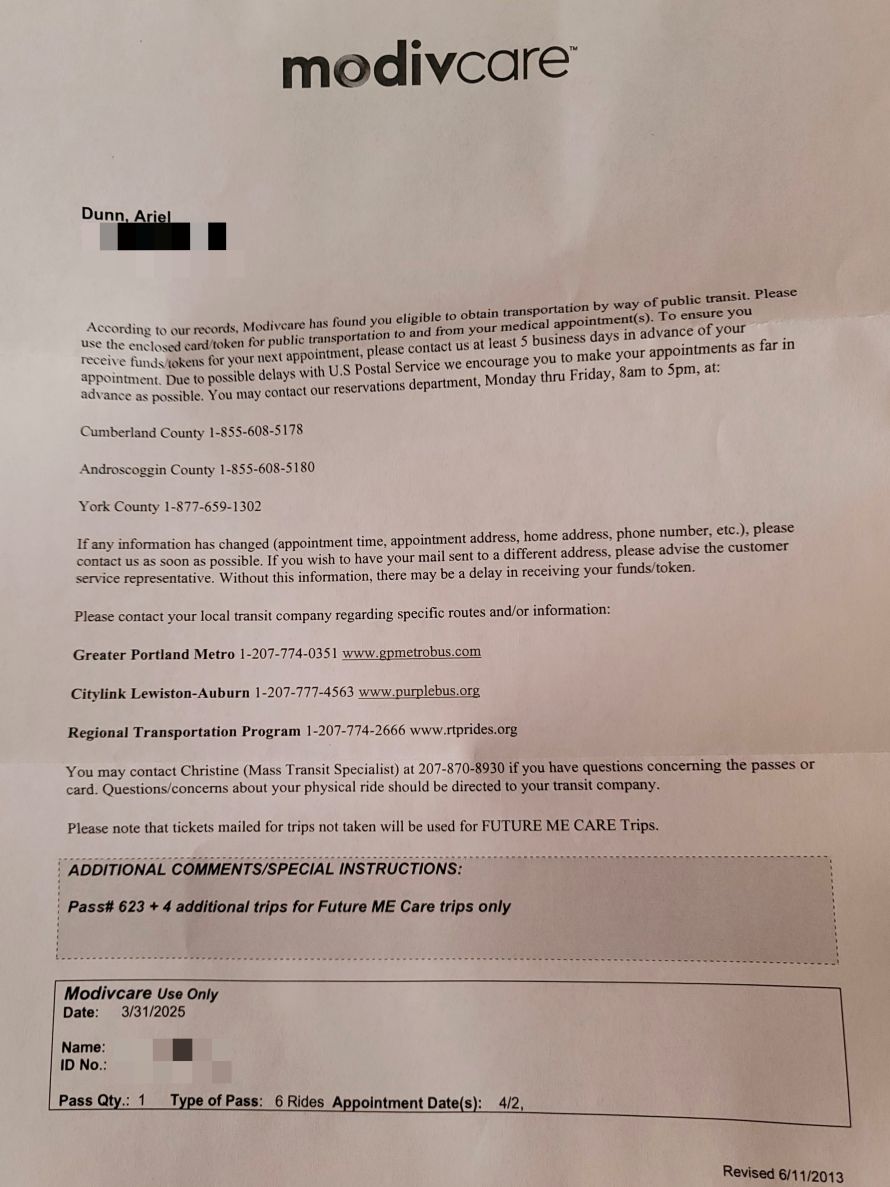 a letter sent to a modivcare passenger.