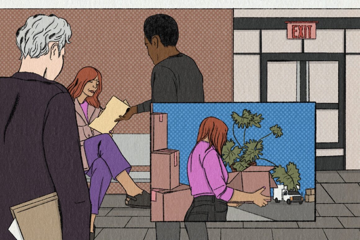 An illustration of a woman, seated on a bench outside of a building, reading a manila file that another person hands to her. An inset illustration shows the same woman carrying a cardboard box with a houseplant as she walks by a stack of taped cardboard boxes toward the street.