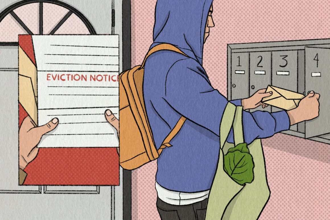 illustration of a person receiving an eviction notice in the mail.