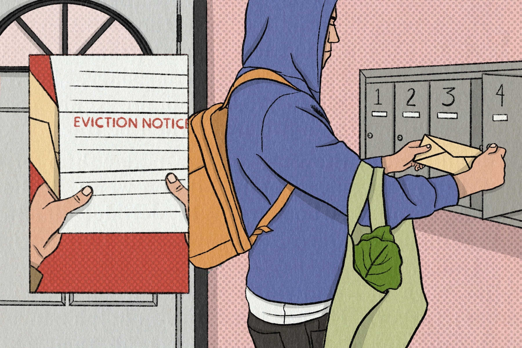 illustration of a person receiving an eviction notice in the mail.