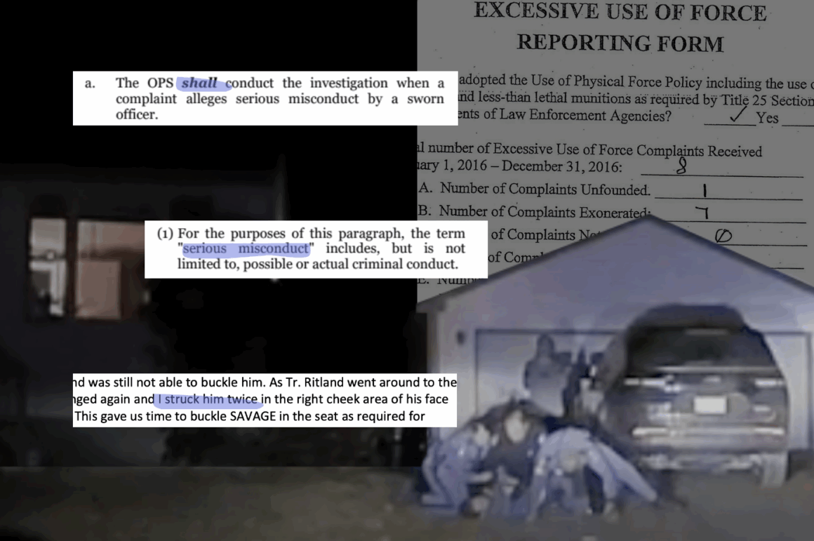 highlighted portions of a police report are overlayed on a still image of Justin Savage's arrest.