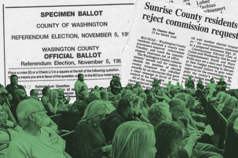 composite image showing a voting ballot, a newspaper article and a crowd of people attending a local government meeting.