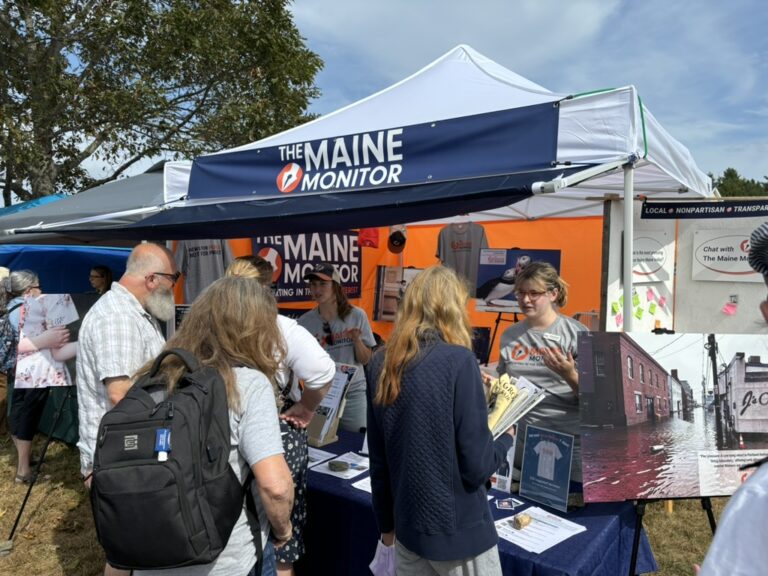 attendees of the common ground fair stand in front of the maine monitor booth.