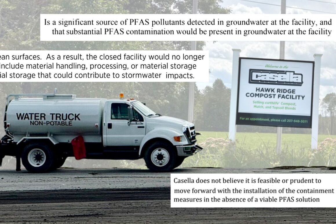 portions of documents overlayed on an image of a truck passing by a casella sign.