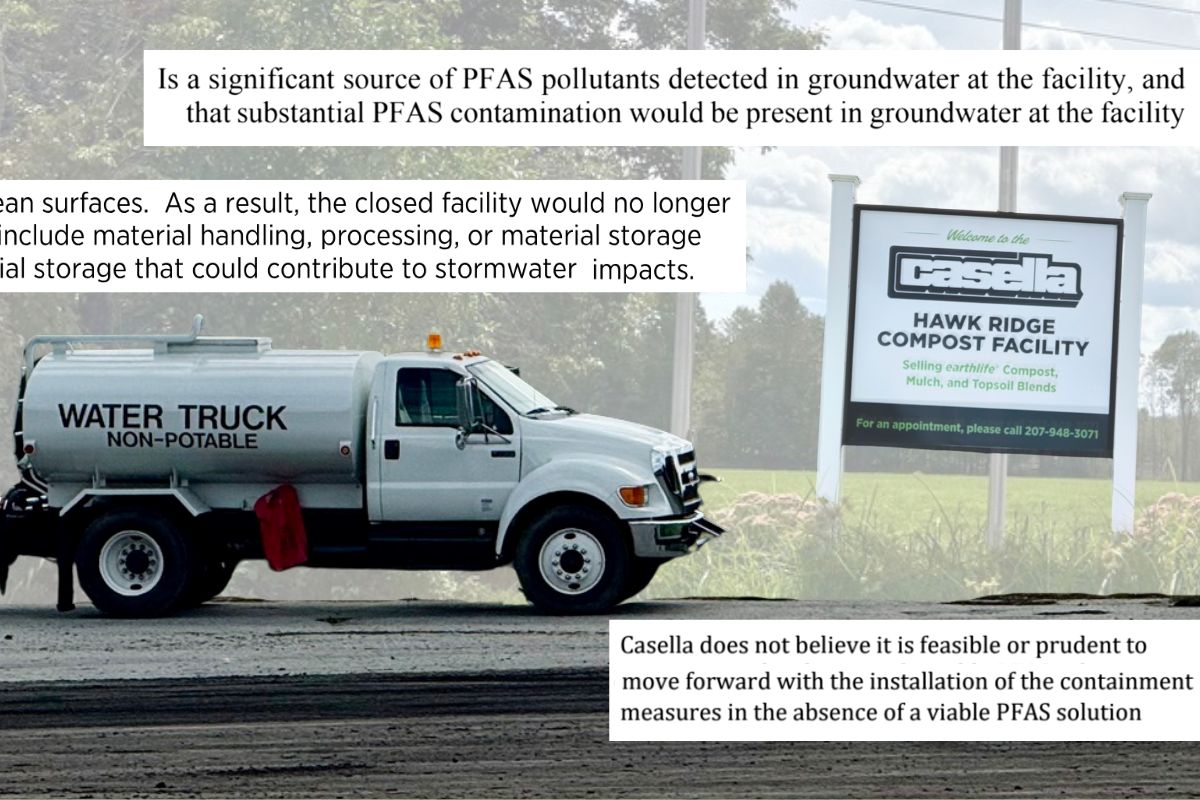 portions of documents overlayed on an image of a truck passing by a casella sign.