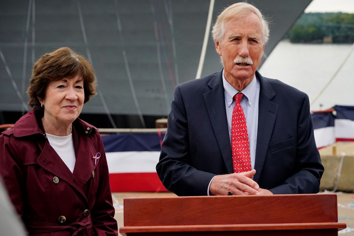 Susan Collins and Angus King during a press conference.