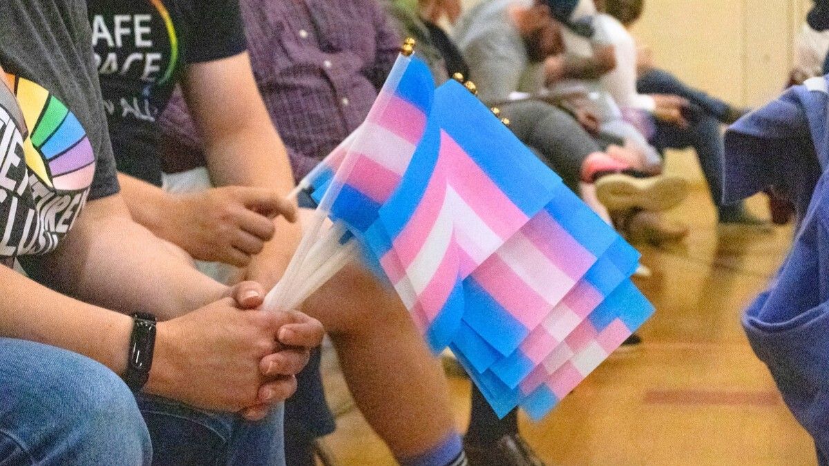 an individual holds several mini transgender flags.