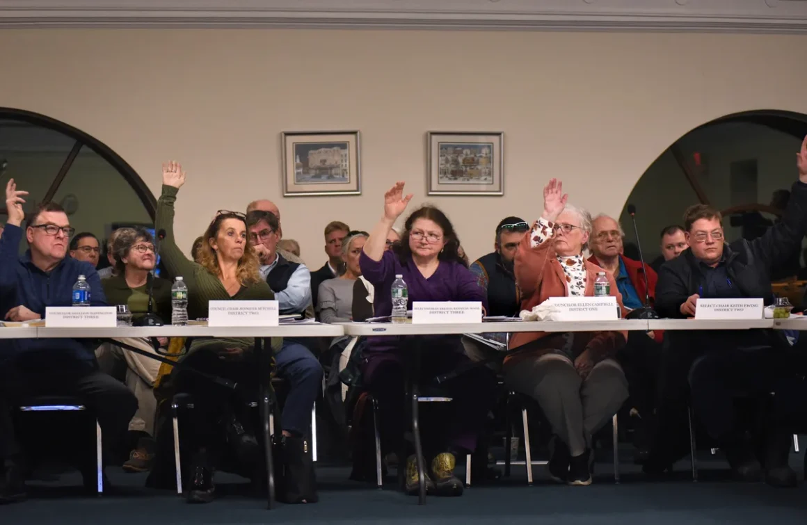 County budget committee members at a table raising their hands during a vote.