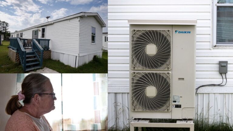 A collage of three images showing Christine Callahan, the exterior of her mobile home and her heat pump.