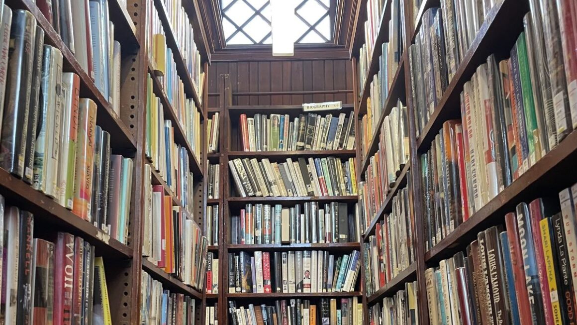 books on shelves in a library corner.