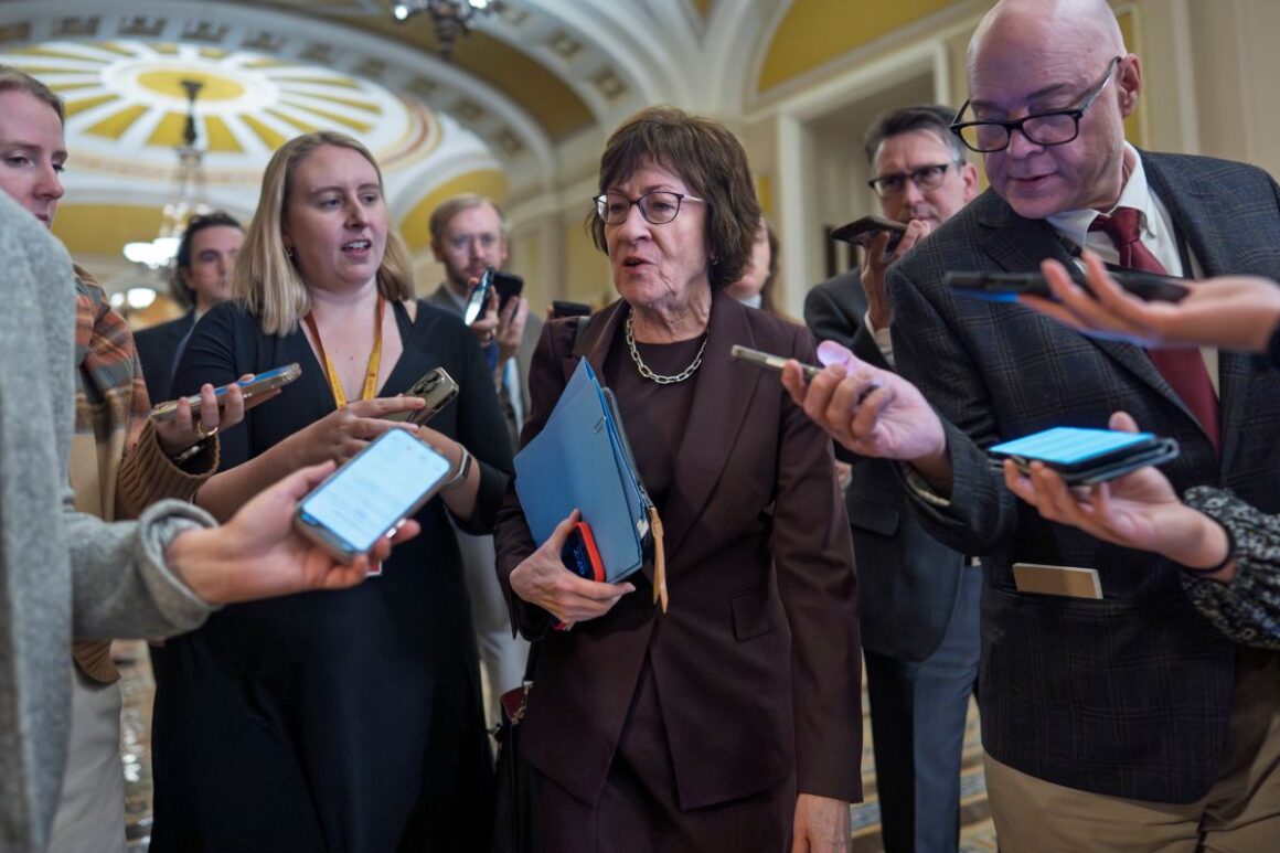 Susan Collins speaks with reporters.