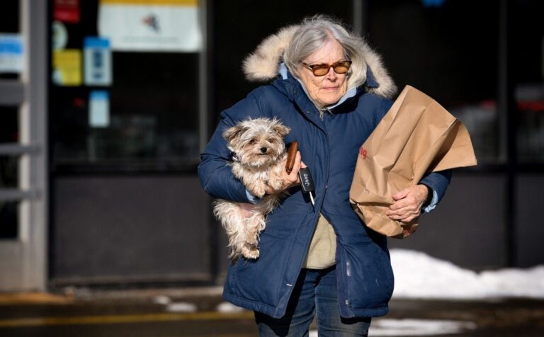 woman carrying her dog and a bag of groceries.