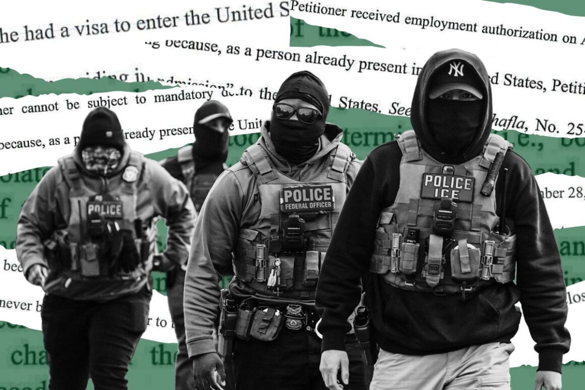 photo of ICE agents with a background image showing pieces of court documents.