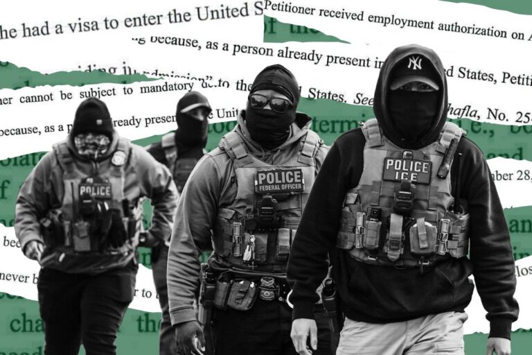 photo of ICE agents with a background image showing pieces of court documents.